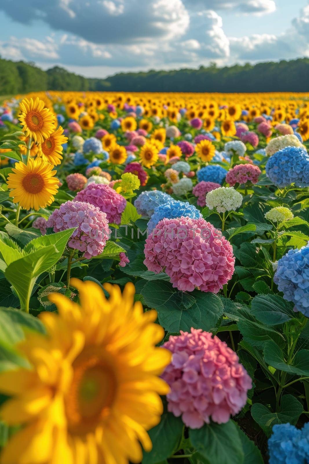 A colorful field of sunflowers and hydrangeas blooms under a bright blue sky, perfect for nature lovers.