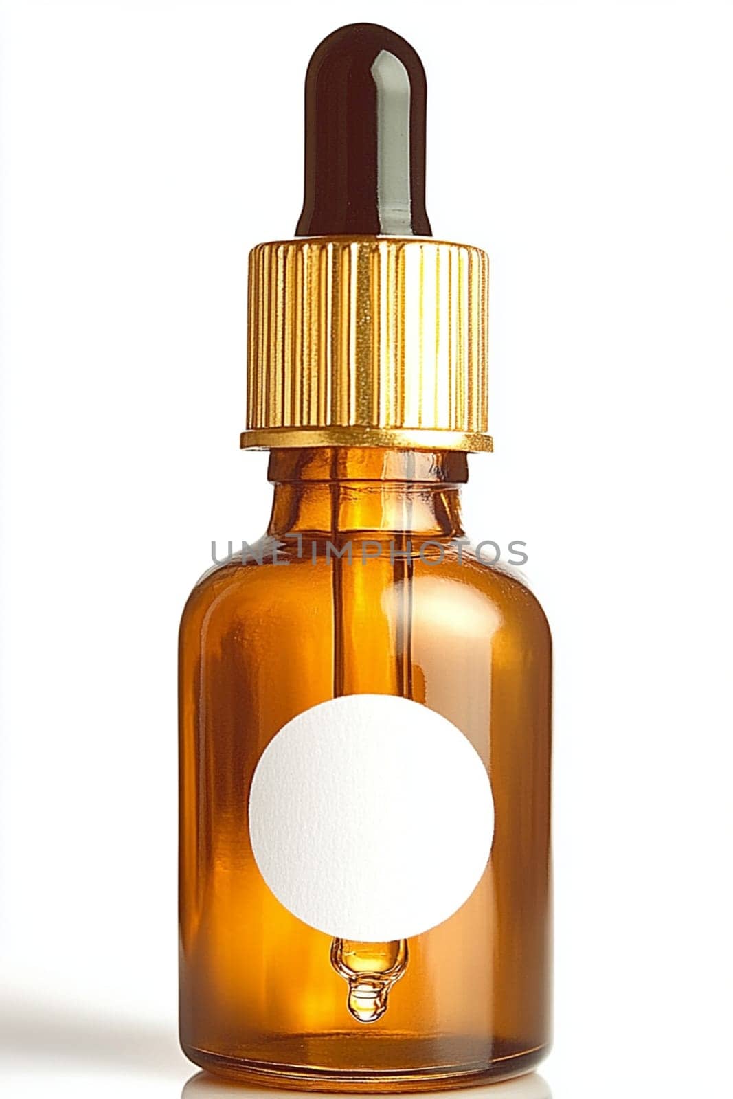 Glass dropper bottle filled with a golden liquid is dripping, showcasing its potential for beauty, health, or pharmaceutical applications