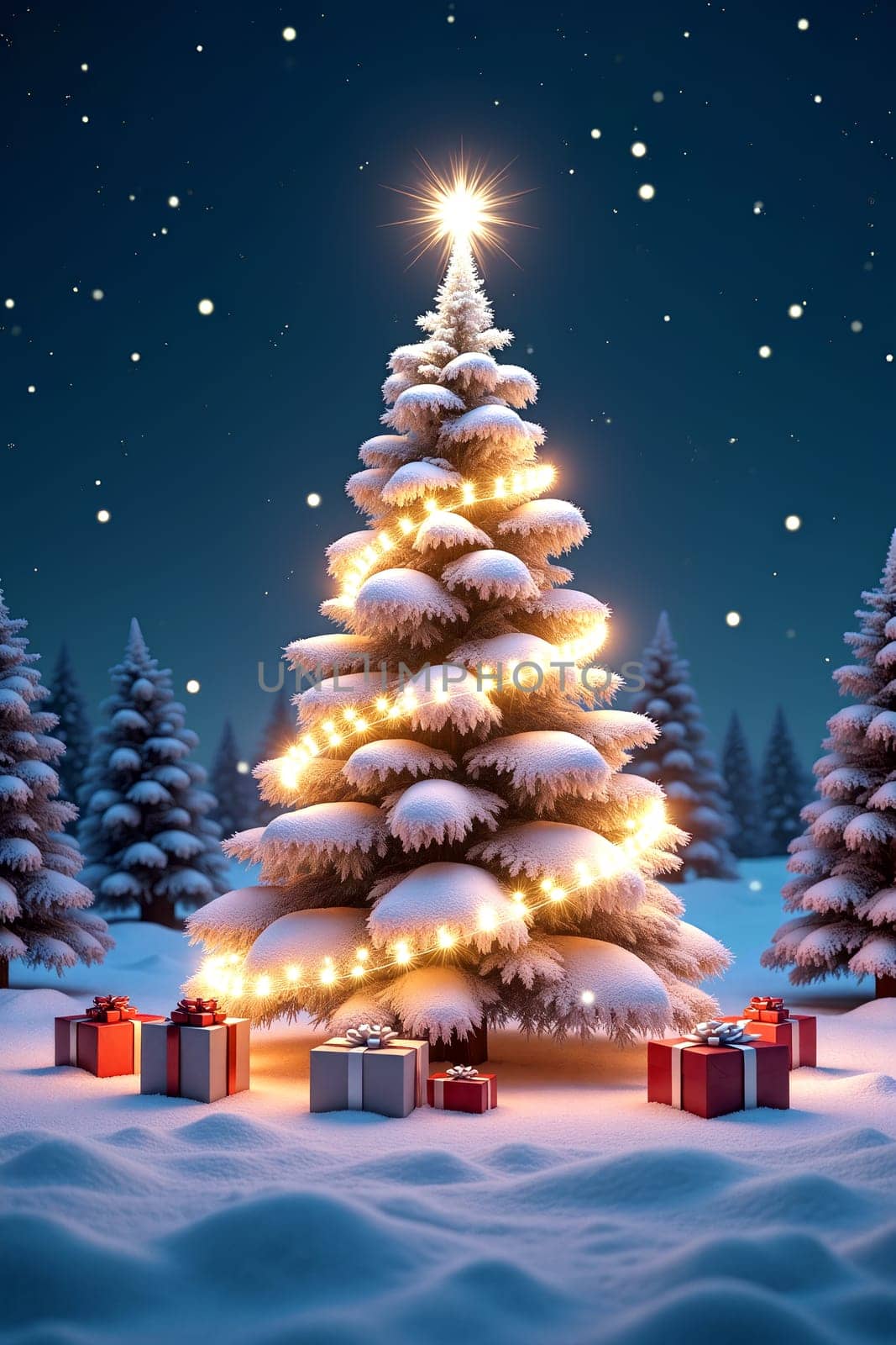 A festive Christmas tree adorned with lights stands in a snow-covered field, surrounded by colorful presents under a clear, starry sky - Generative AI