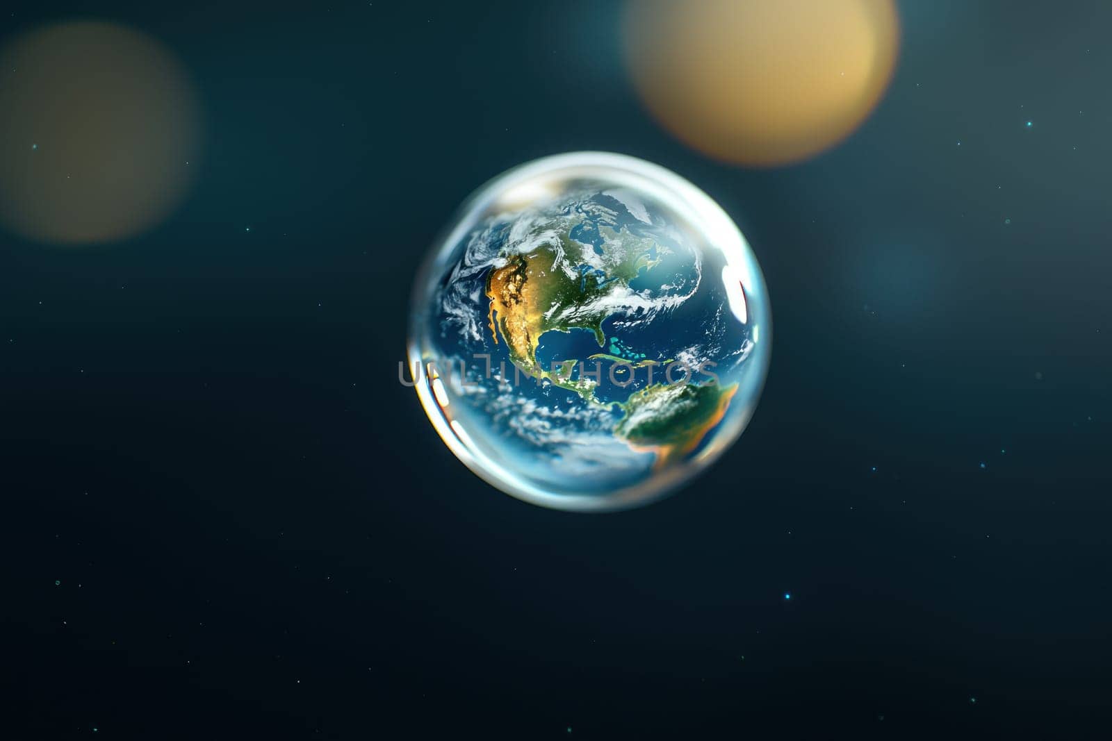 clear droplet suspended in space reflects Earth vibrant colors and features, creating mesmerizing view of our planet.
