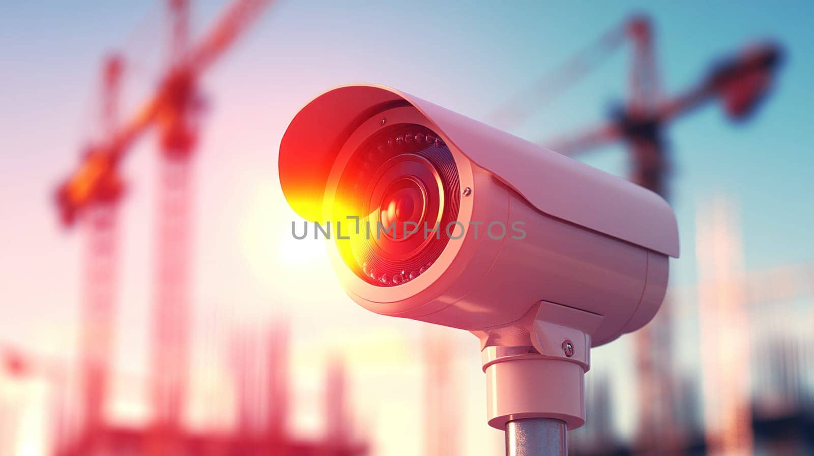 Close up of CCTV camera mounted on pole, capturing construction site. camera lens reflects sunlight, highlighting its importance in security and surveillance.