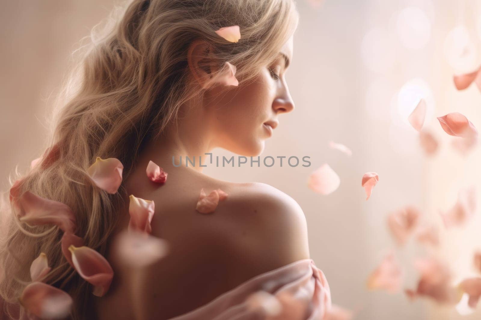 A beautiful young blonde woman walks through falling pink rose petals. Photorealistic illustration generative AI. by julyKoph