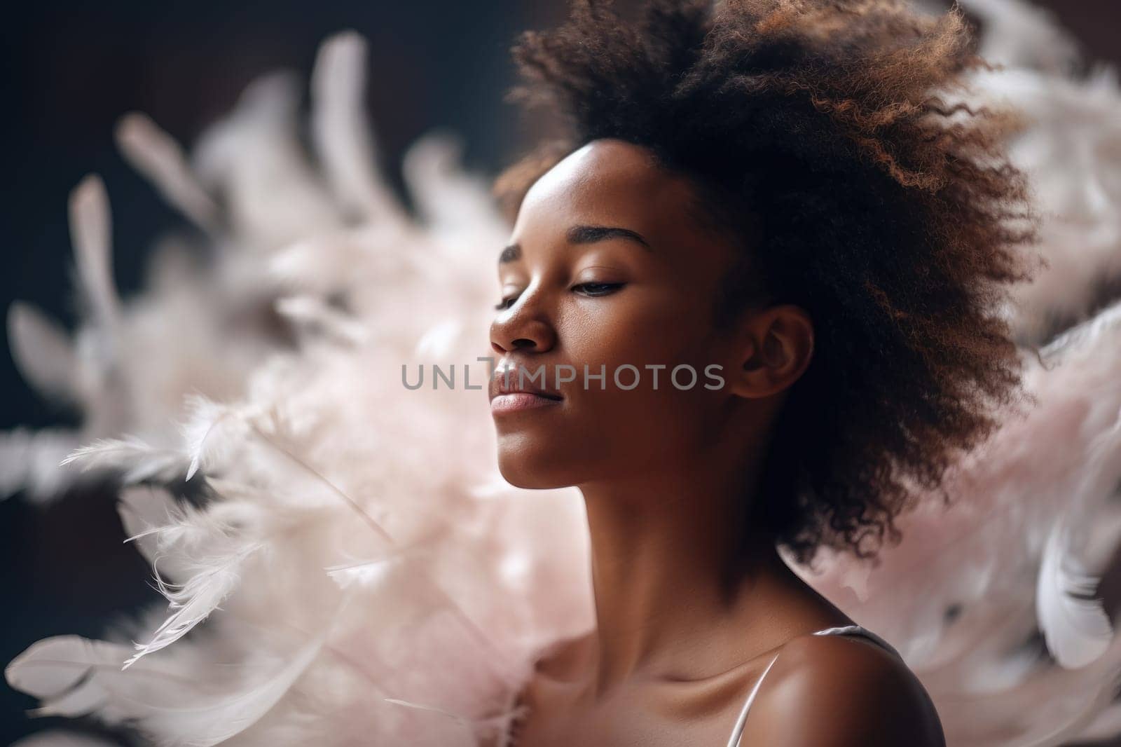 A beautiful African American young woman in a dress of white feathers. Background for cosmetic product presentation with copy space. Photorealistic illustration generative AI. by julyKoph