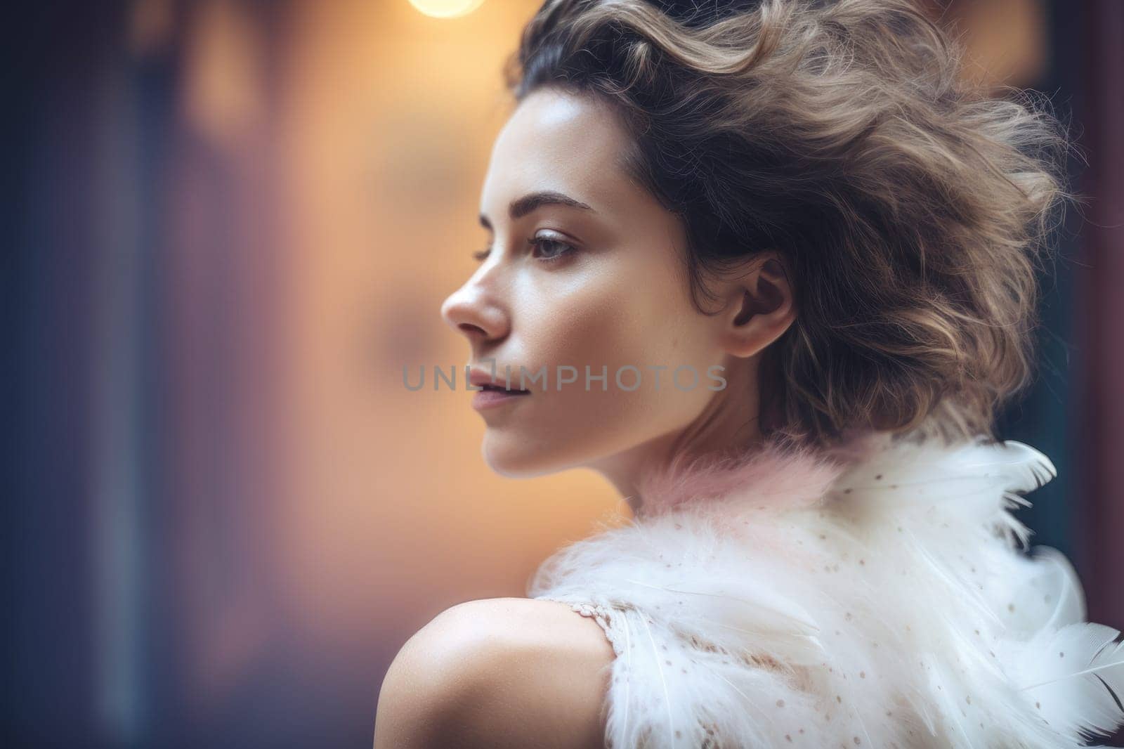 Beautiful young woman in a pink feather dress. Background for cosmetic product presentation with copy space. Photorealistic illustration generative AI. by julyKoph