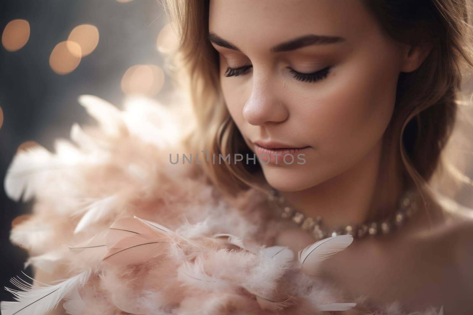 Beautiful young woman in a pink feather dress. Background for cosmetic product presentation with copy space. Photorealistic illustration generative AI. by julyKoph