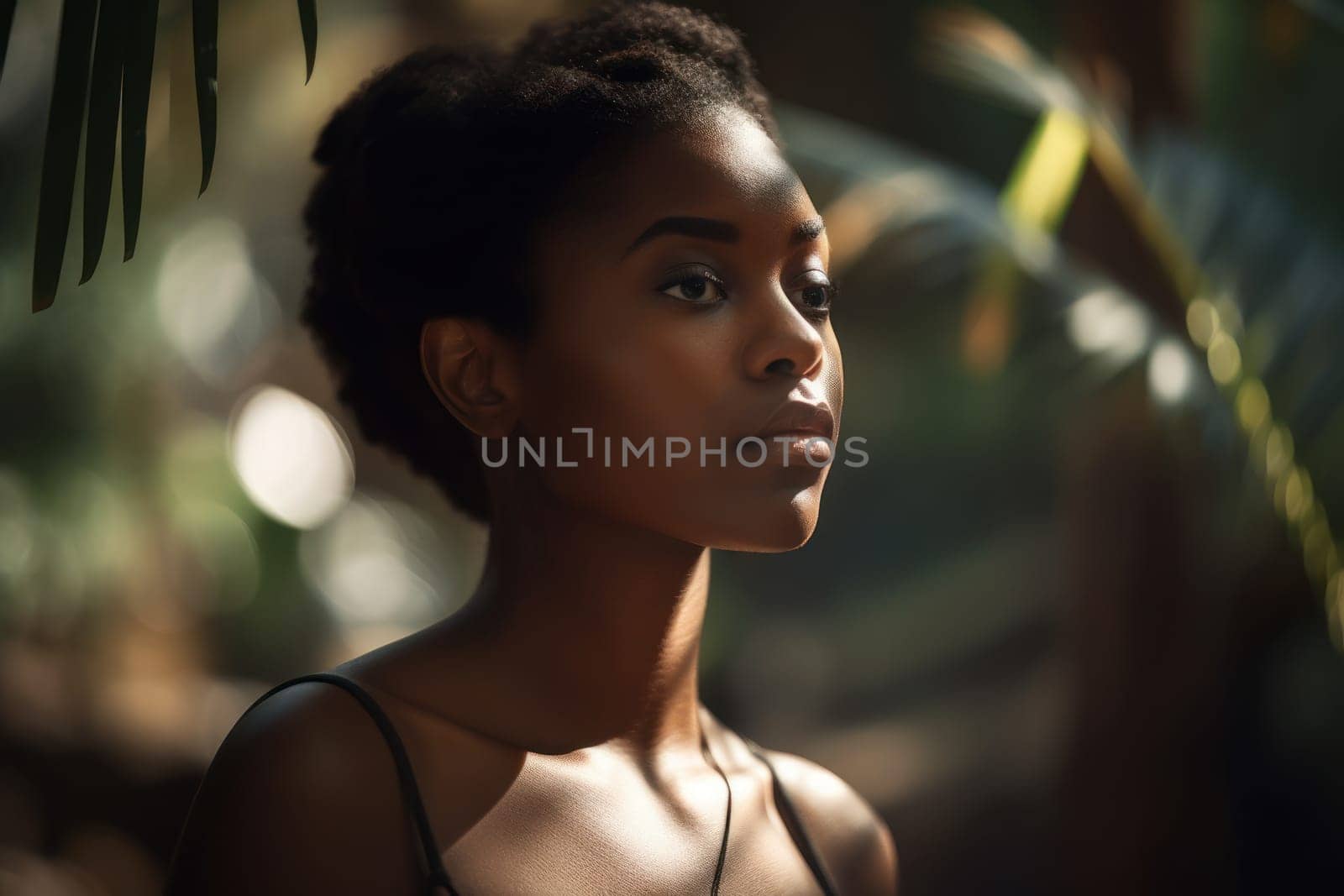 Beautiful auro-american young woman in the rainforest. Background for cosmetic product presentation with copy space. Photorealistic illustration generative AI. by julyKoph