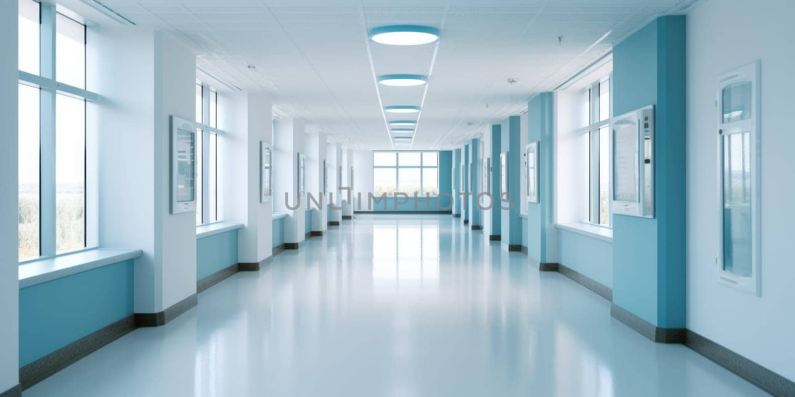 Hospital corridor with windows and blue walls, in the style of bokeh, light gray, bauhaus, light white, skillful. Generative AI weber. by biancoblue