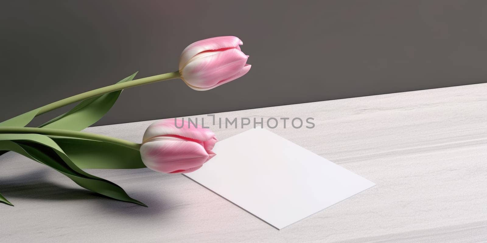 Mockup blank white paper with pink tulip, Copy space. Generative AI weber. by biancoblue