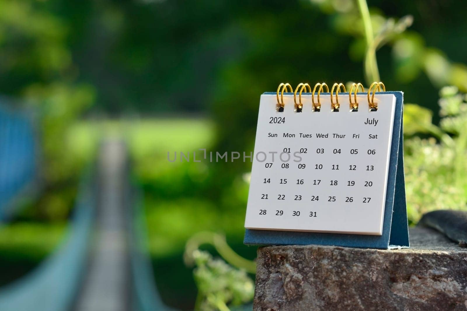 July 2024 calendar with green blurred background of hanging bridge. New year concept.