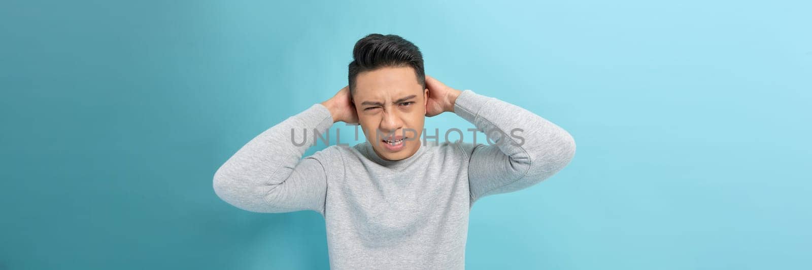 Angry man touch his head feeling mad emotion white isolated