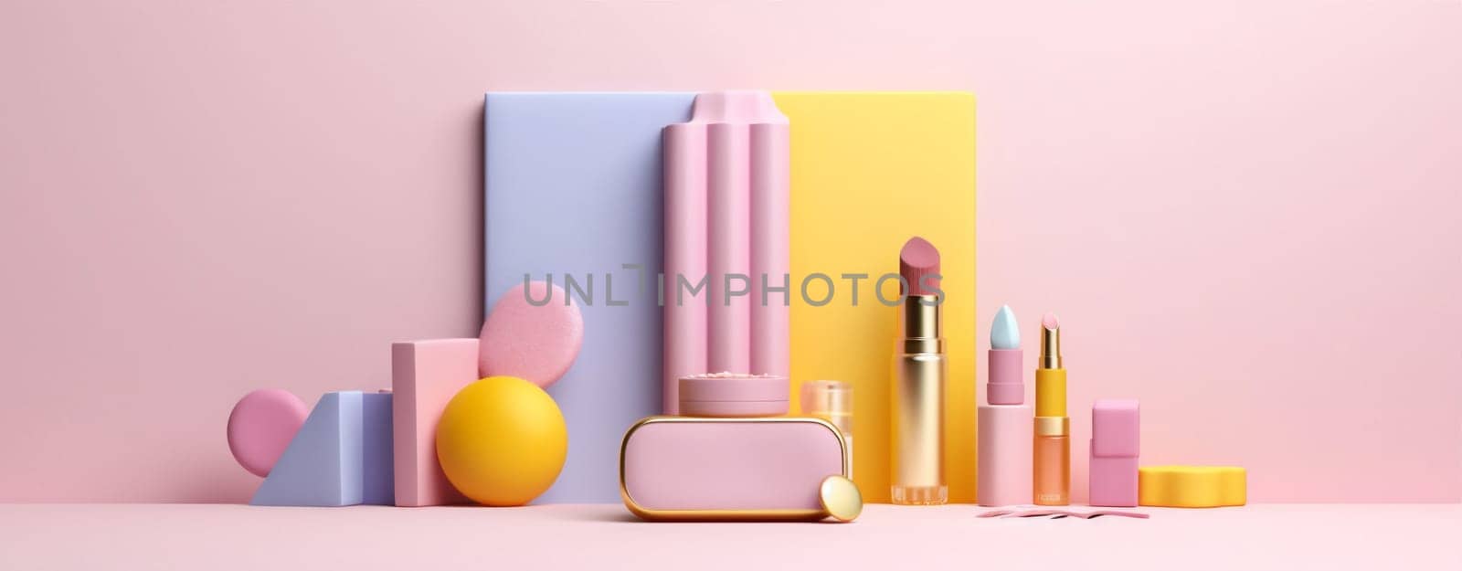 composition brush color accessory cosmetic colours beauty skincare online fashion facial decorative layout background white design product cream object advertising feminine. Generative AI.