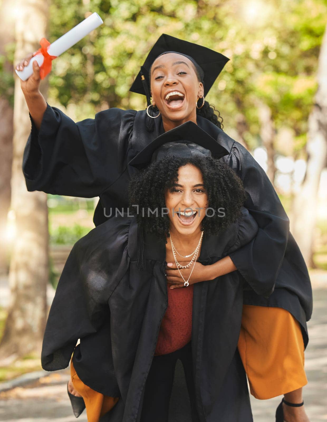 Graduation, women or friends and excited for celebration outdoor in nature for education and knowledge. Happiness, university student and people with certificate or diploma for achievement or success.