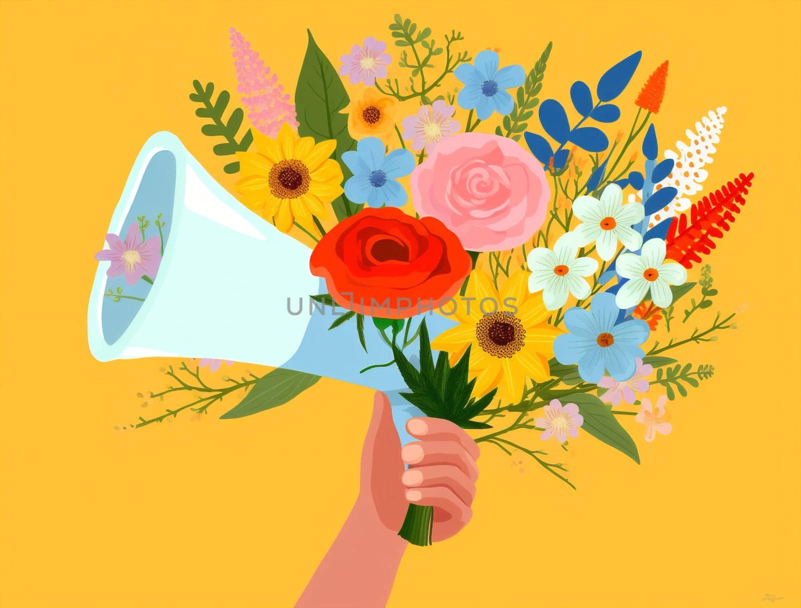 Hand megaphone announce loud communication message flowers by Vichizh