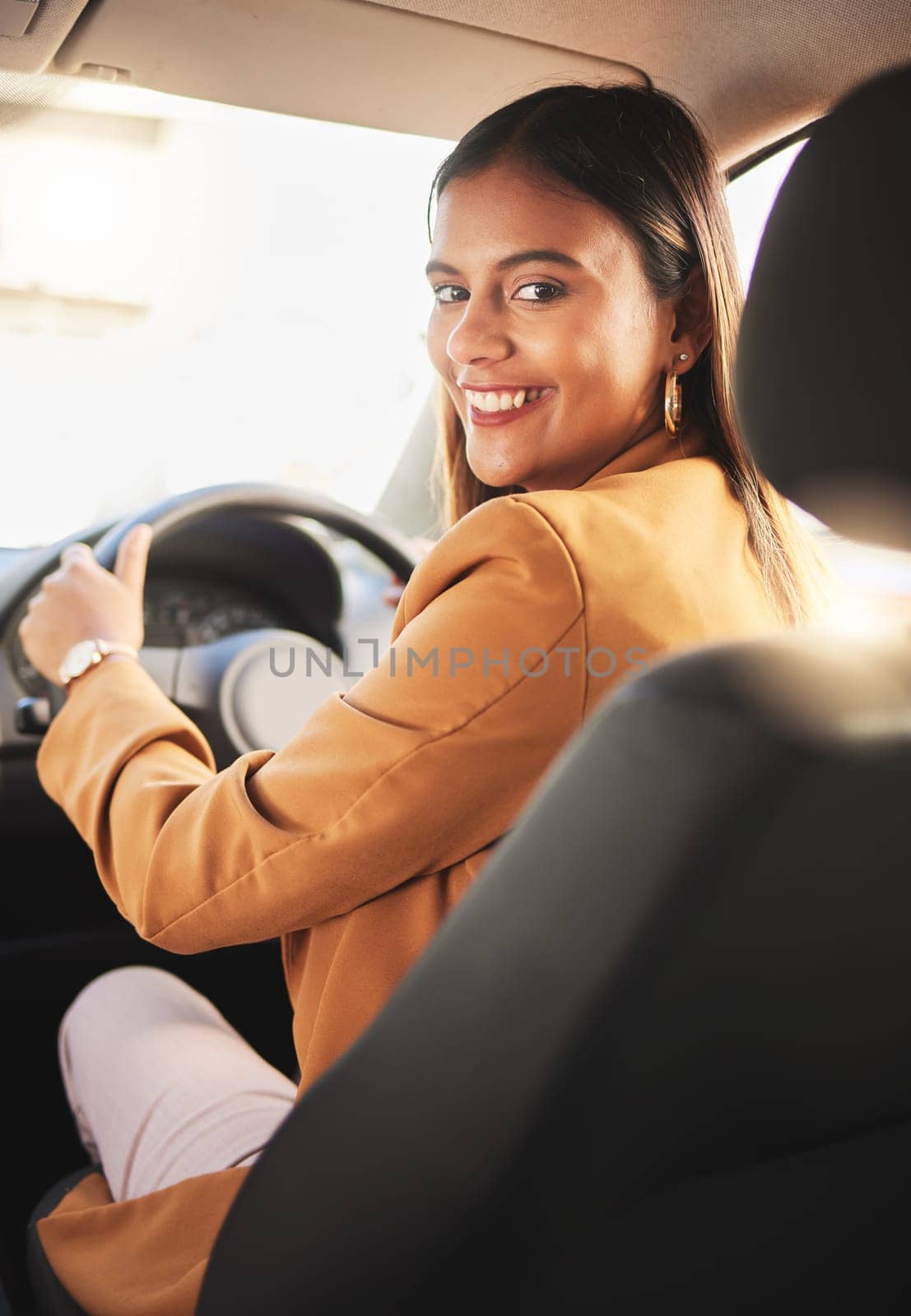 Portrait, driver and business woman in car to travel, journey or rent transportation in city. Happy, driving and person in motor vehicle, automobile or road trip to commute to work in the morning by YuriArcurs