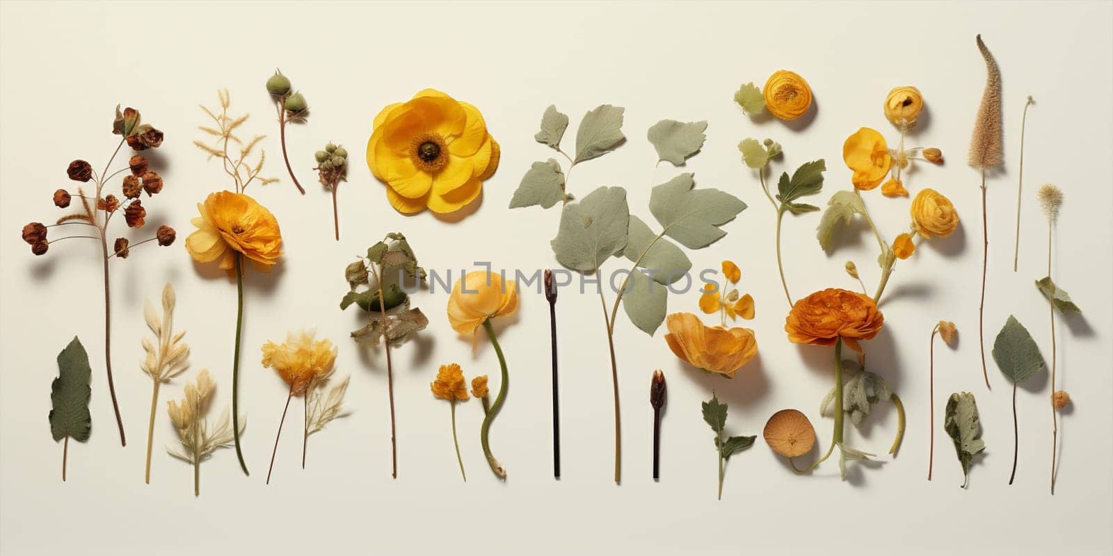 View yellow leaf plant dry flora isolated set flat herb flower nature spring botanical white lay composition background green top floral vintage