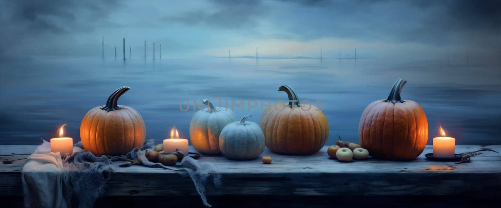 lantern background blue fear evil pumpkin horror table night halloween mystery. Generative AI. by Vichizh