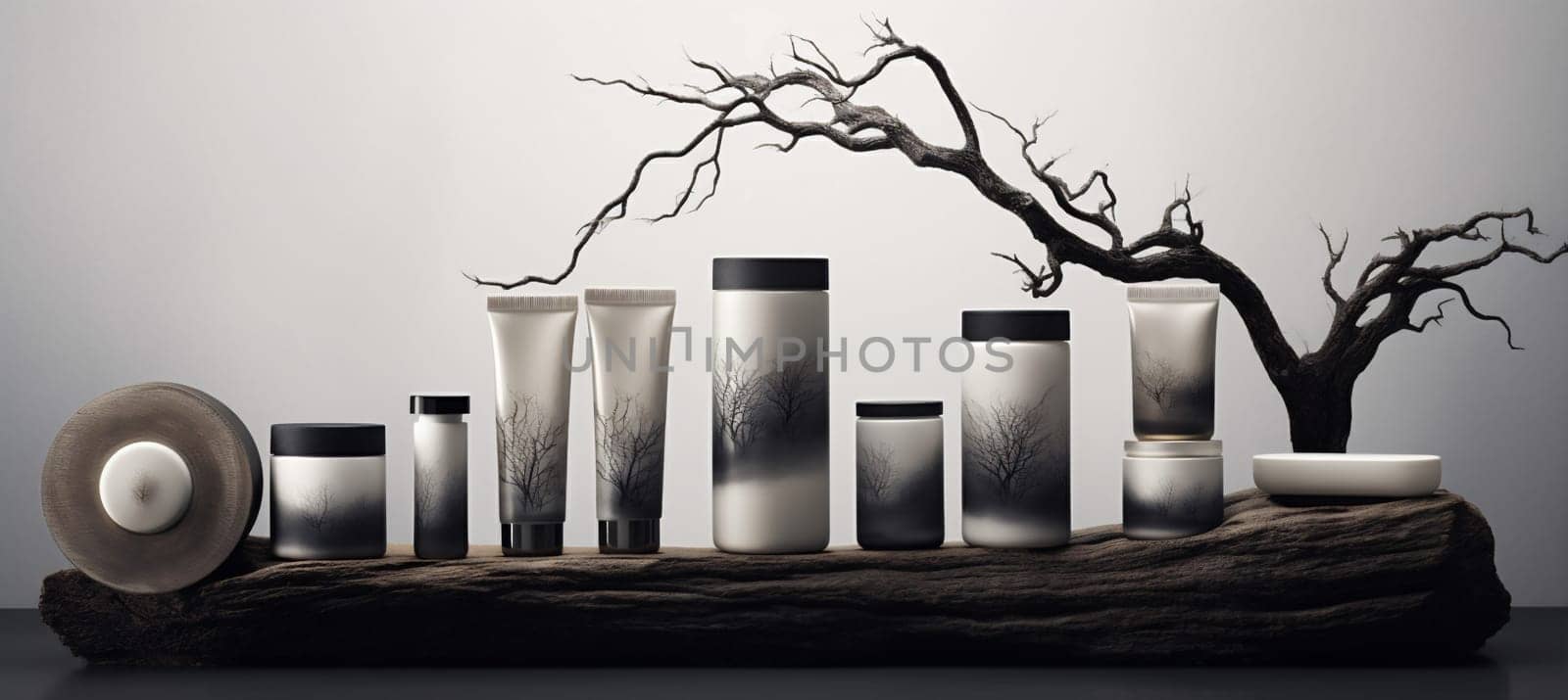 cosmetic display decoration branch stone layout bottle empty presentation background closeup beauty nature tree rock halloween tree natural composition concept minimalism product. Generative AI.