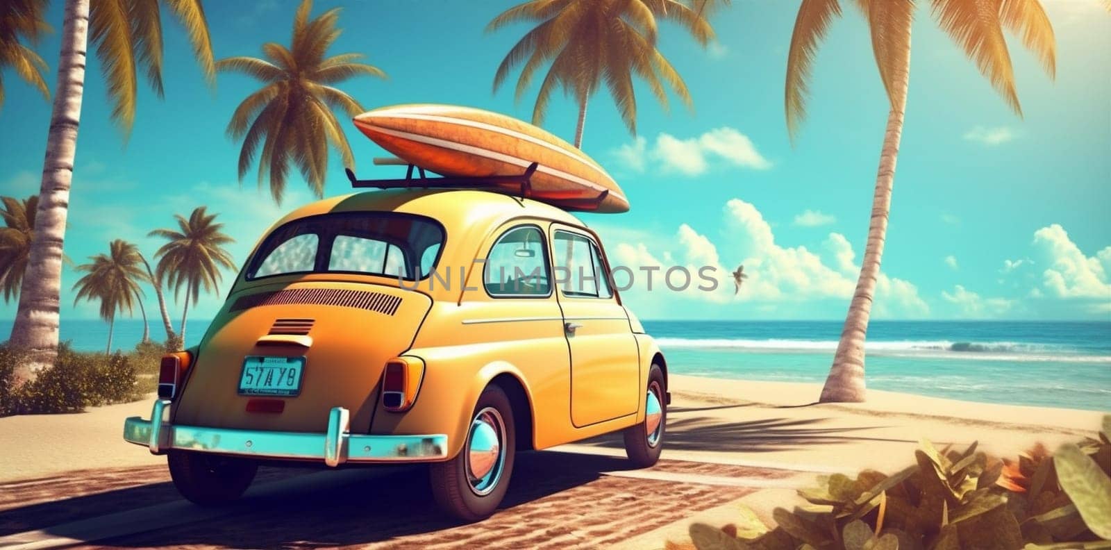 beach car trip summer travel road vacation vintage tropical retro. Generative AI. by Vichizh