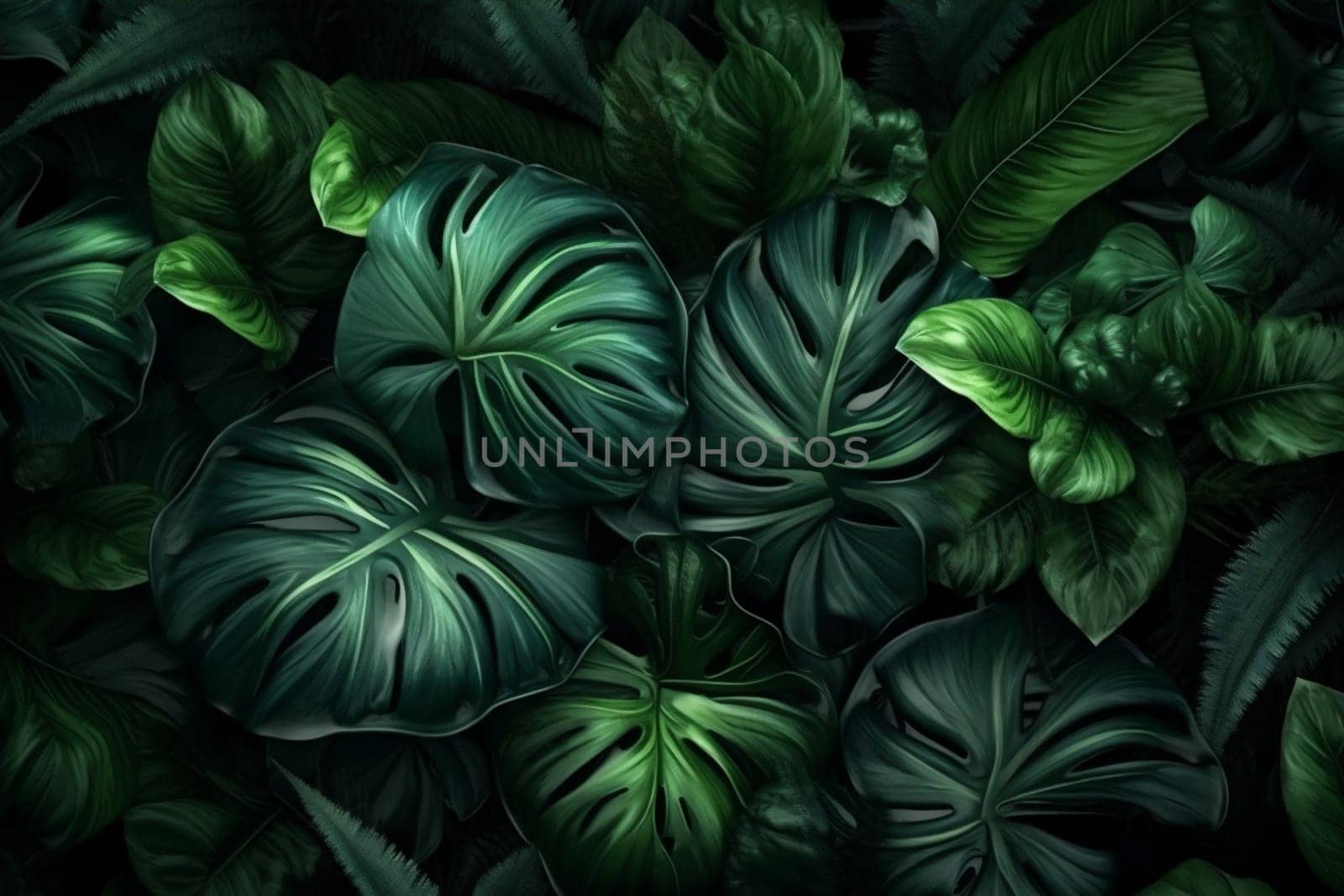 jungle colourful tree background green green leaf tropical leaf palm forest nature. Generative AI. by Vichizh