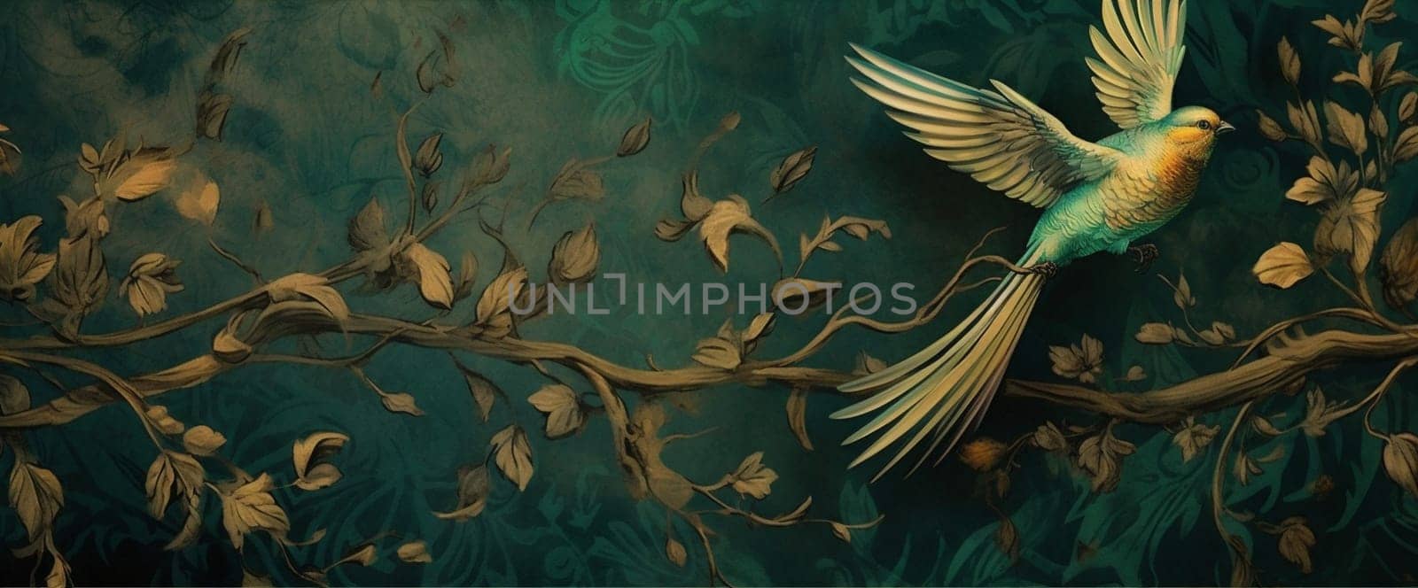 exotic leaf art bird jungle nature palm flower tropical wallpaper. Generative AI. by Vichizh