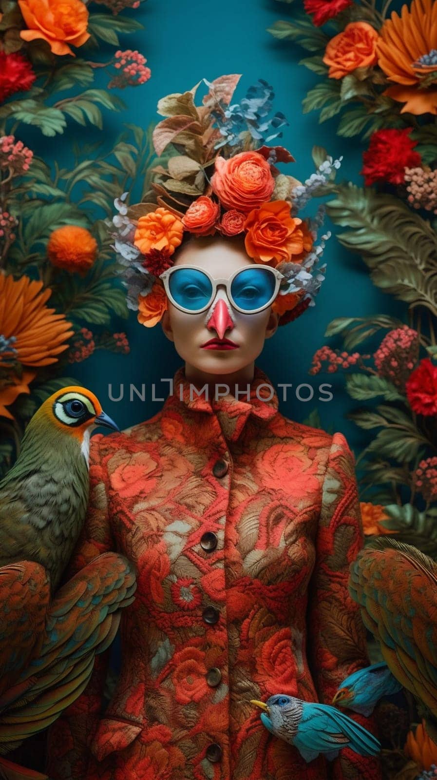 jungle woman glamour nature young peacock fashion beautiful face bird beauty. Generative AI. by Vichizh