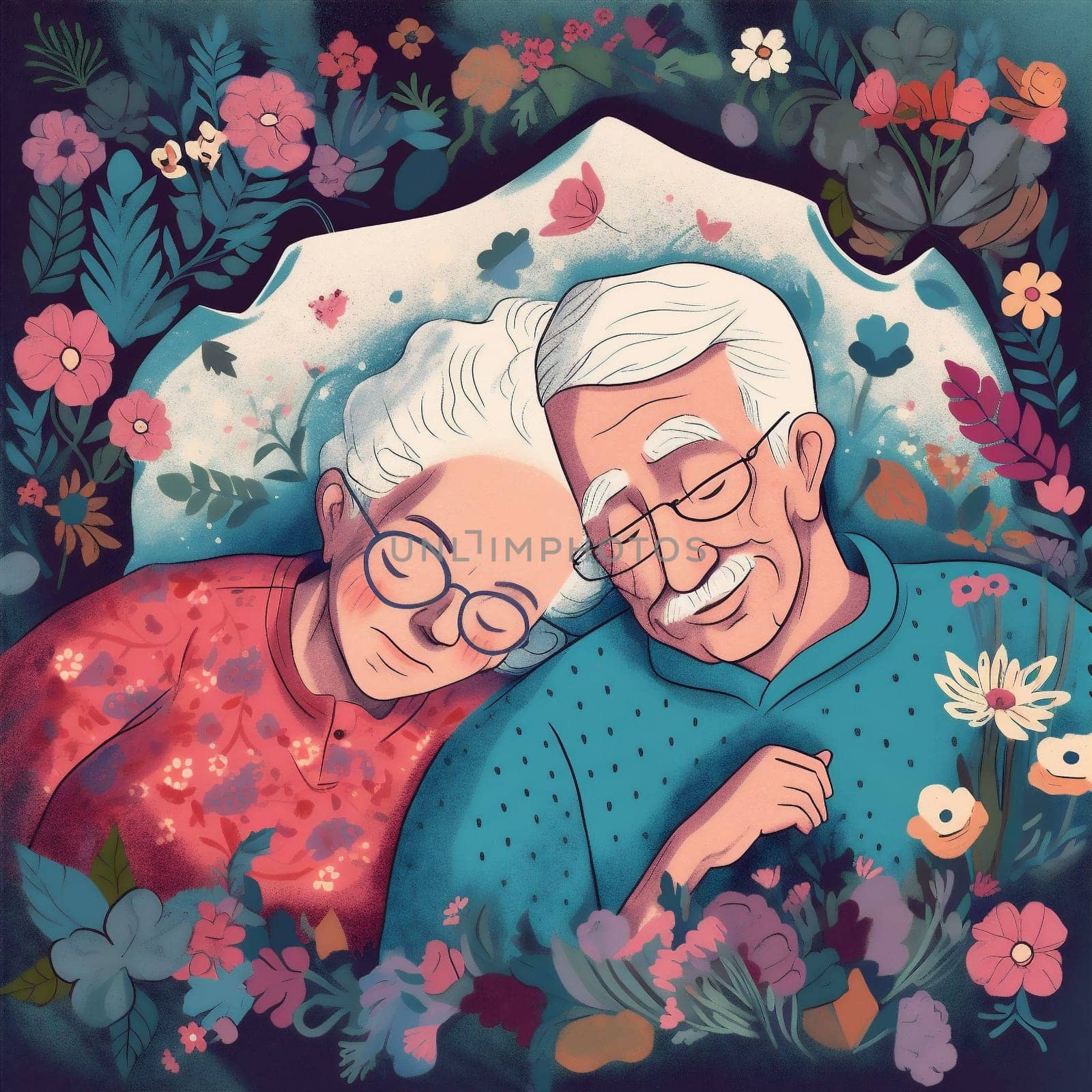 woman man together love person happy asleep old lifestyle bed retired couple. Generative AI. by Vichizh