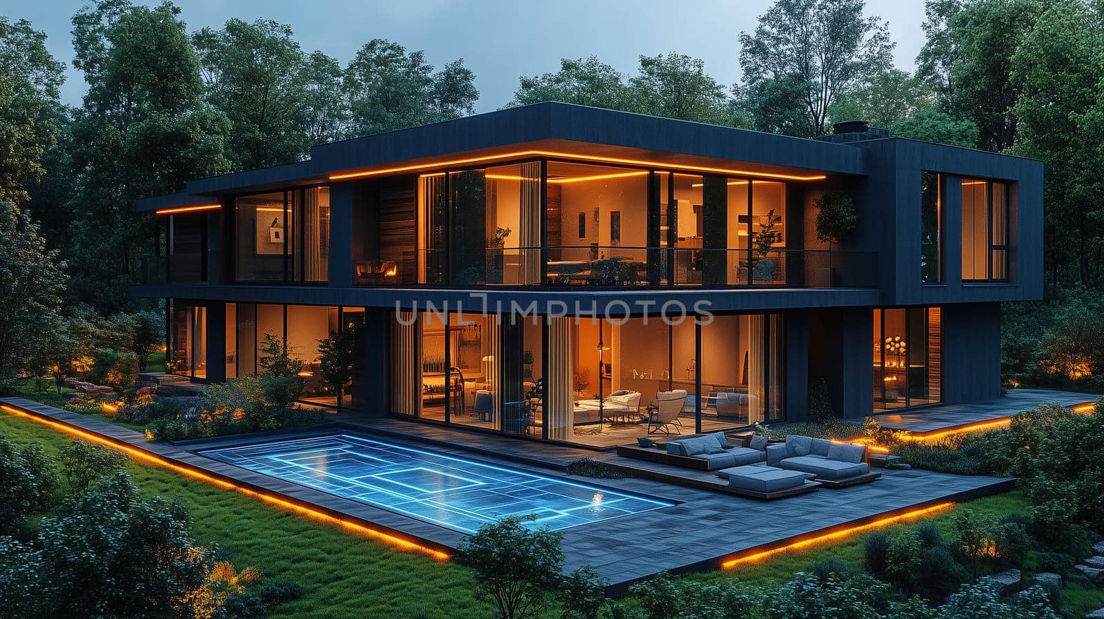 A contemporary home is highlighted at dusk, featuring expansive windows and a glowing pool. Surrounded by greenery, the residence exudes elegance and comfort in a serene atmosphere.