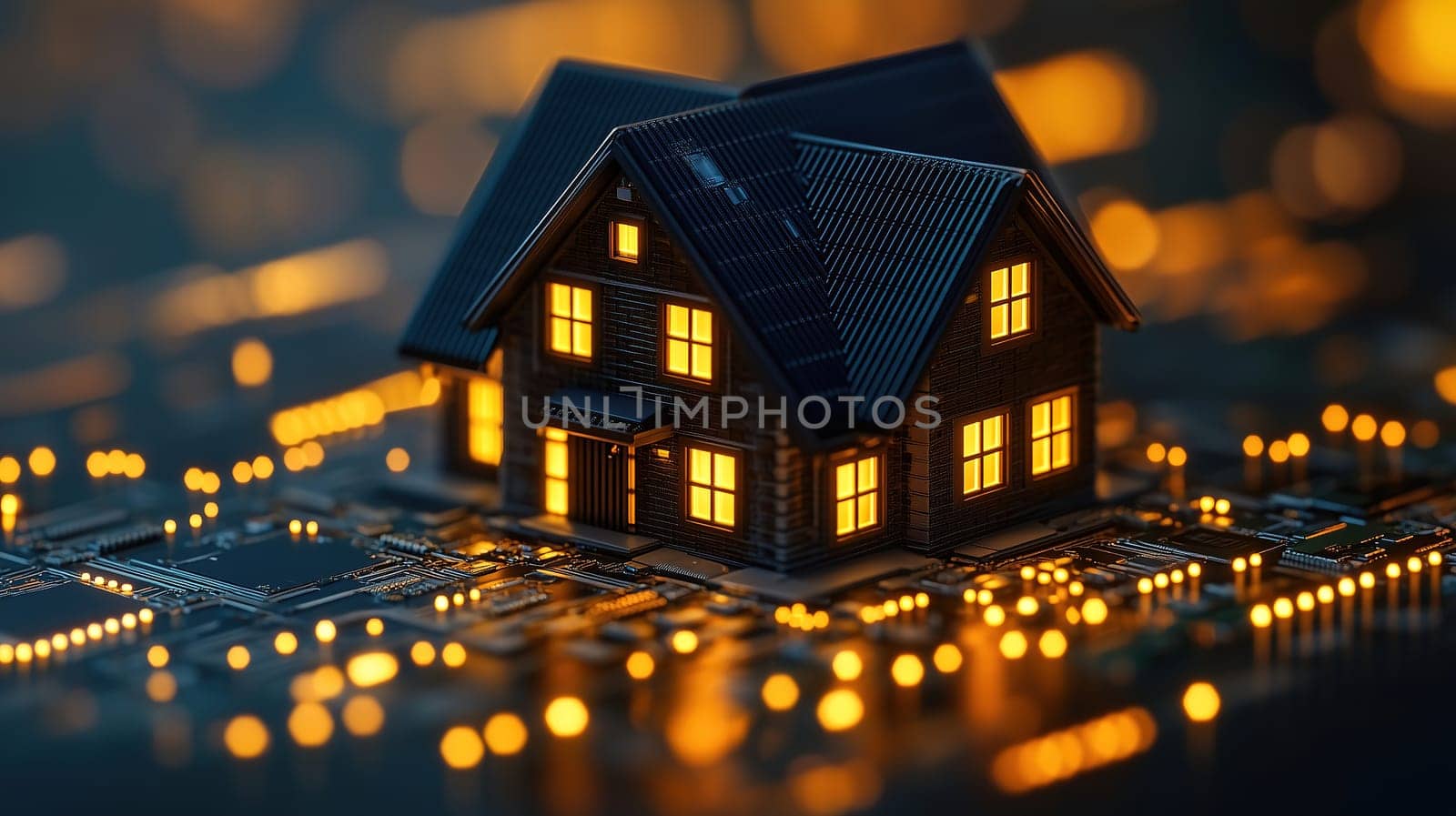 A miniature house model with glowing windows is placed on a circuit board, creating a striking contrast against the dark background filled with lights, evoking a fusion of technology and home.