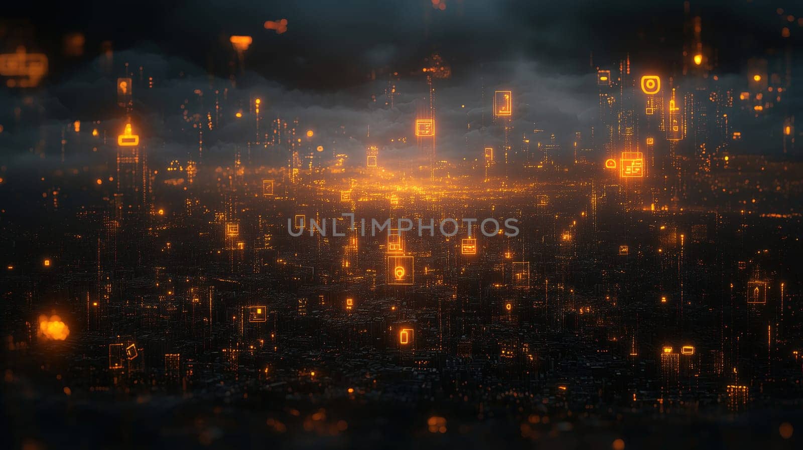 A vibrant cityscape at dusk filled with glowing symbols representing digital networks and technology. Light emanates from the horizon, highlighting urban connectivity.
