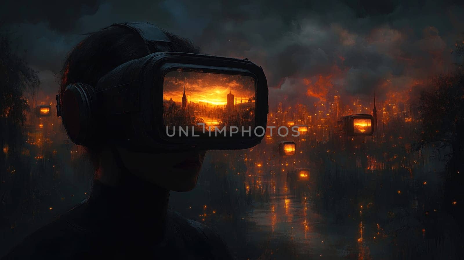 A person wearing a virtual reality headset gazes into a stunning yet haunting view of a dystopian city at sunset. The skyline is illuminated by glowing lights amidst dark, swirling clouds.