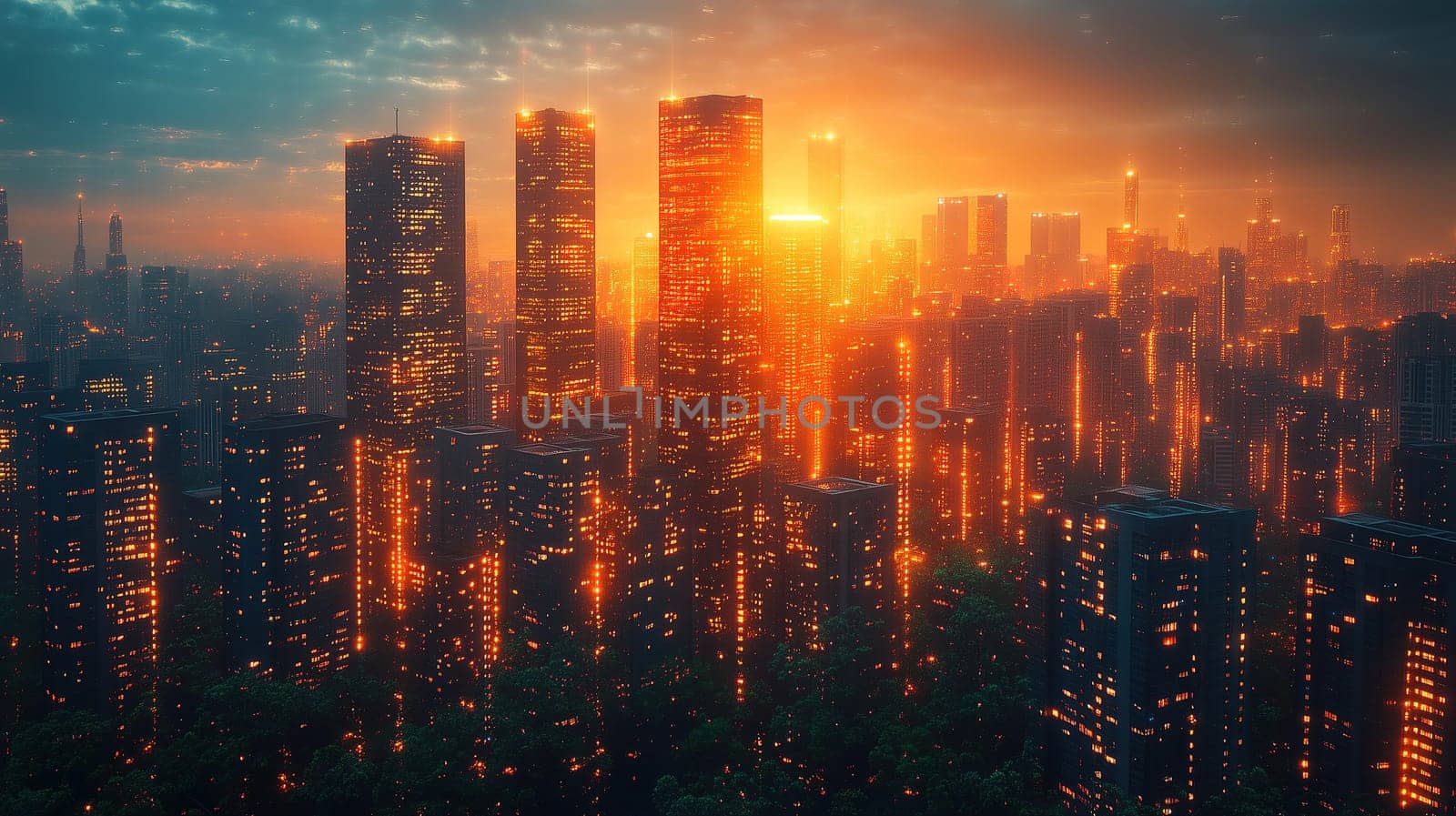 Tall skyscrapers reflect warm golden light during sunset, creating a stunning urban landscape. Lush greenery provides a vibrant contrast to the bustling city.