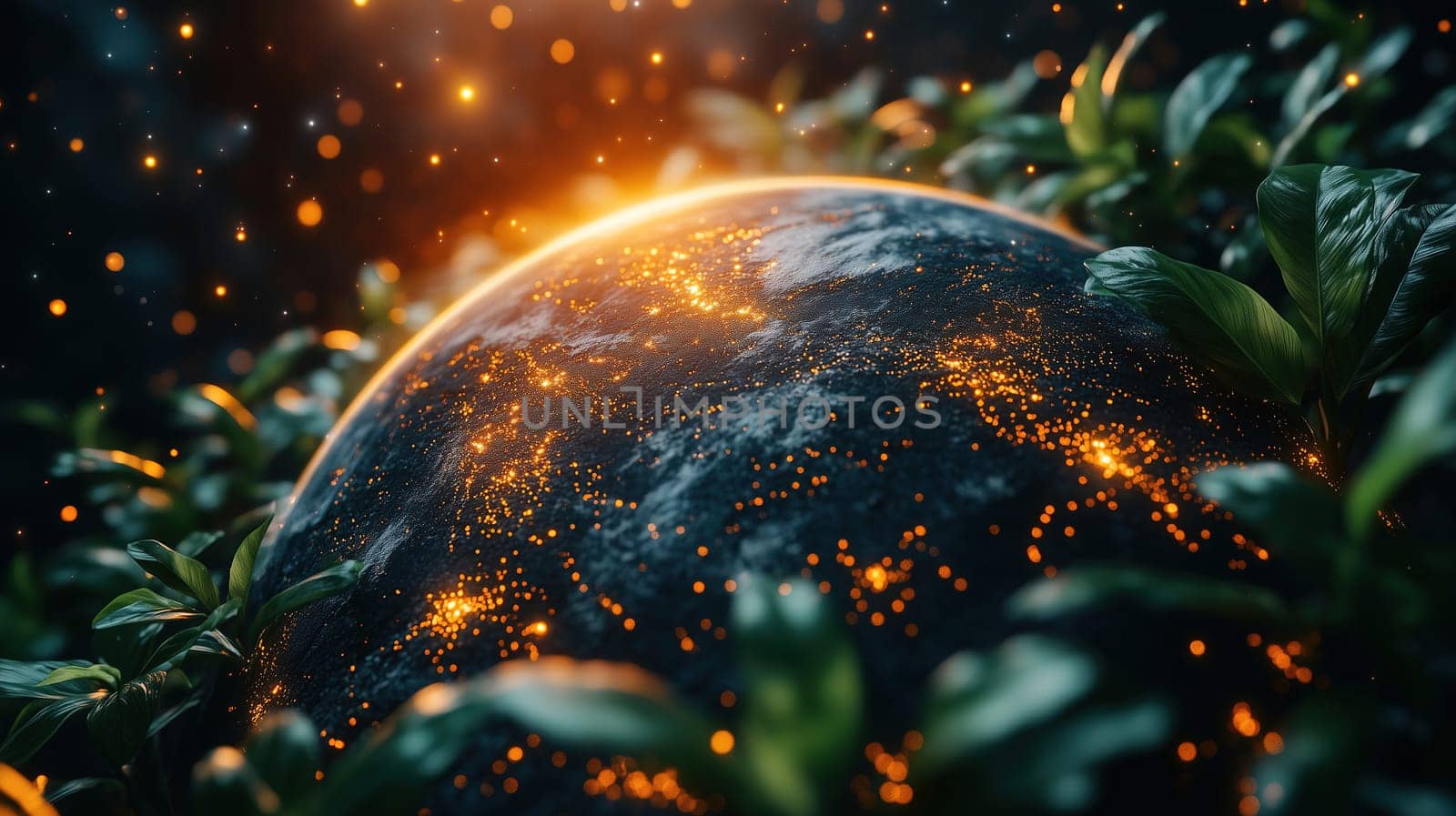 A planet illuminated with orange and yellow lights is nestled amid vibrant green foliage, creating a stunning contrast at dusk. The scene captures the beauty of nature intertwined with urban life.