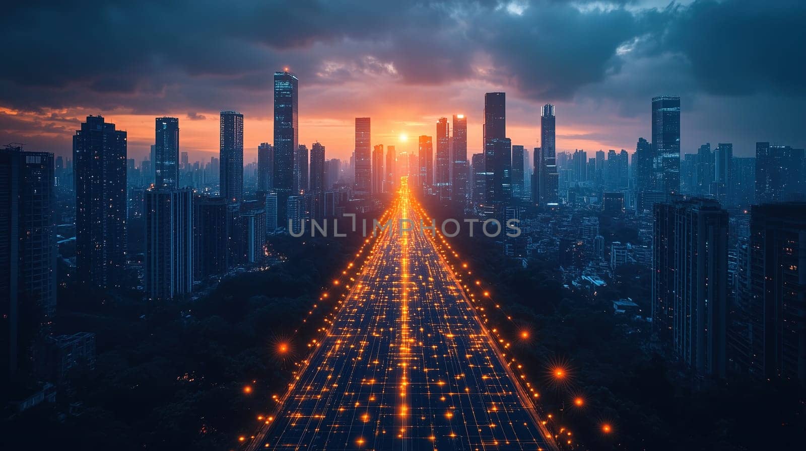 As the sun sets behind tall skyscrapers, city lights twinkle along a busy road. The vibrant orange and purple hues paint the sky, creating a breathtaking urban landscape.