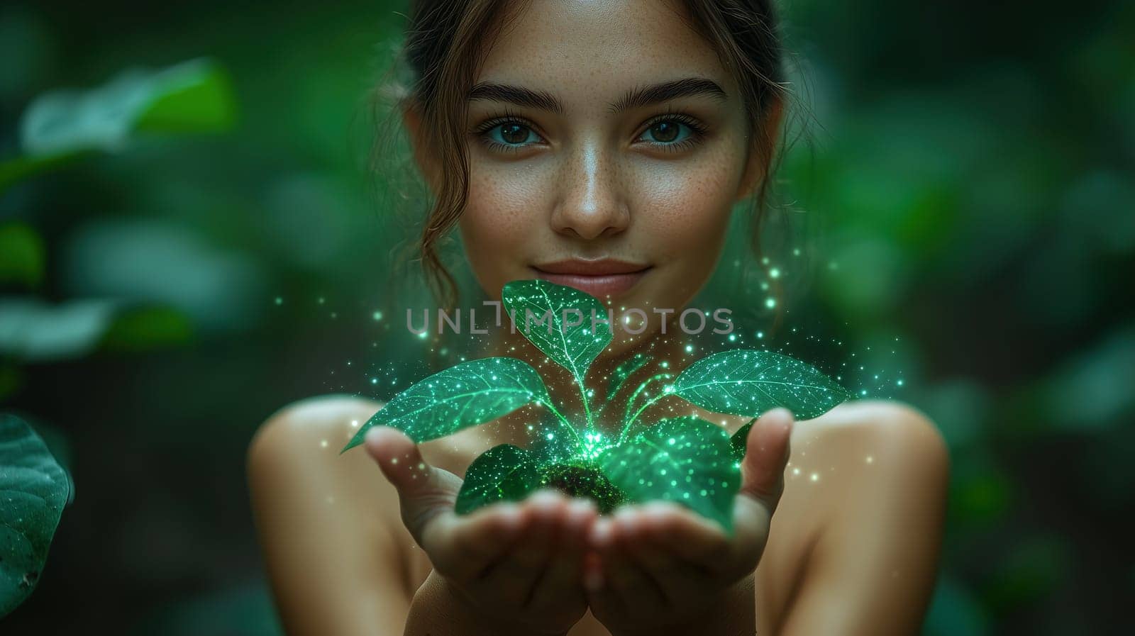 A young woman holds a cluster of shimmering green plants in her hands, surrounded by vibrant foliage.