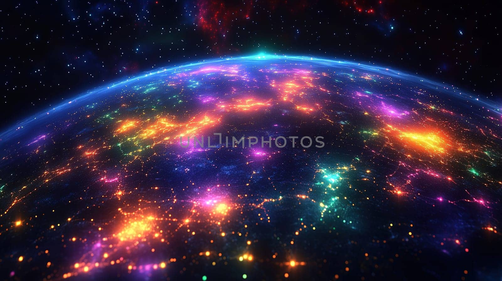 A stunning cosmic view of Earth shows a bright, colorful display of lights on the surface. Stars twinkle in the vast night sky, creating a mesmerizing atmosphere.