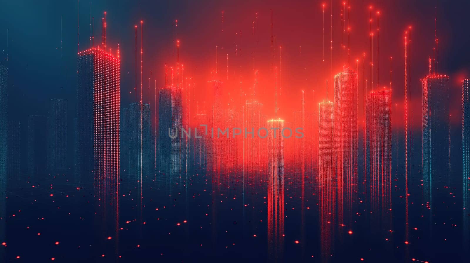 A vibrant cityscape features tall structures illuminated in red against a dark blue background. The glowing elements create a futuristic atmosphere, reflecting innovation and technology.