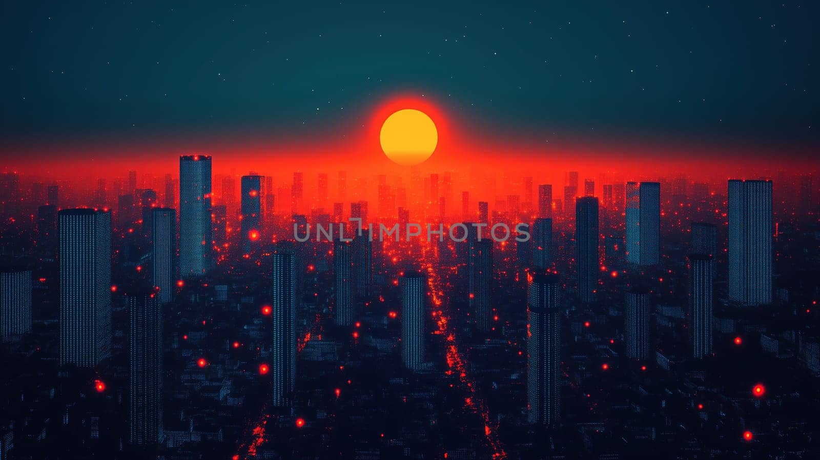 As the sun sets, vibrant orange and red hues fill the sky, illuminating the skyline of a bustling city. Skyscrapers reflect the warm colors, creating a stunning evening atmosphere.
