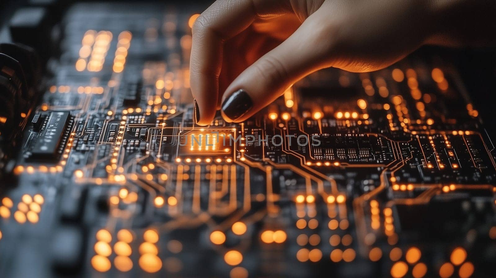 A person carefully adjusts a glowing circuit board, showcasing intricate connections and details, in a dark tech workshop, with warm lights enhancing the ambiance.