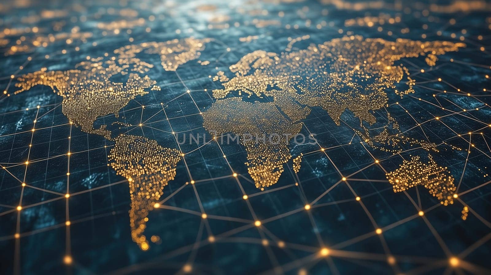 A digital representation of a world map displays glowing continents connected by intricate network lines, creating a futuristic impression. The dark background enhances the golden hues.