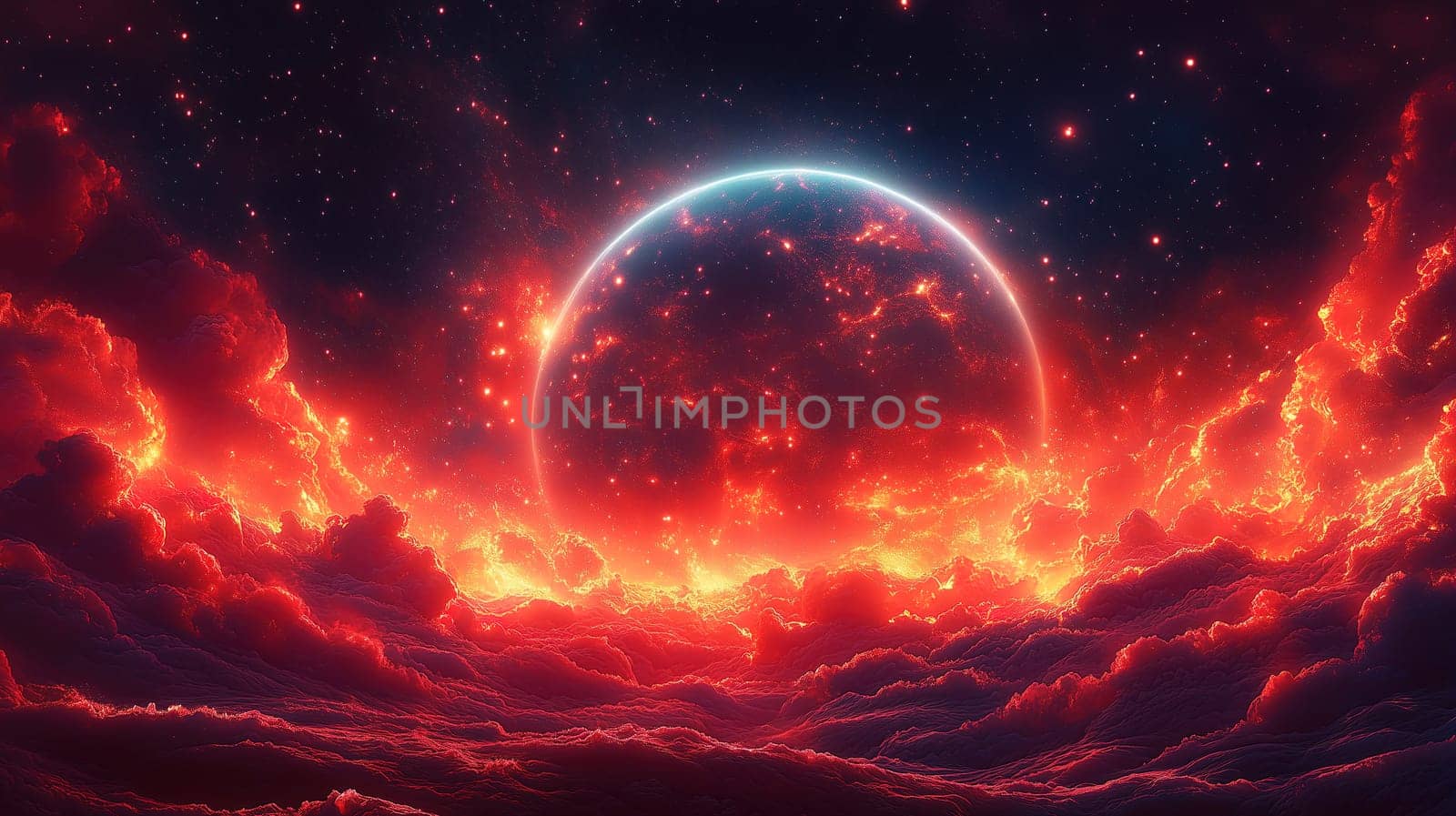 A stunning cosmic view showcases a radiant horizon with shades of orange and red, surrounded by textured clouds and a starry sky filled with distant stars.