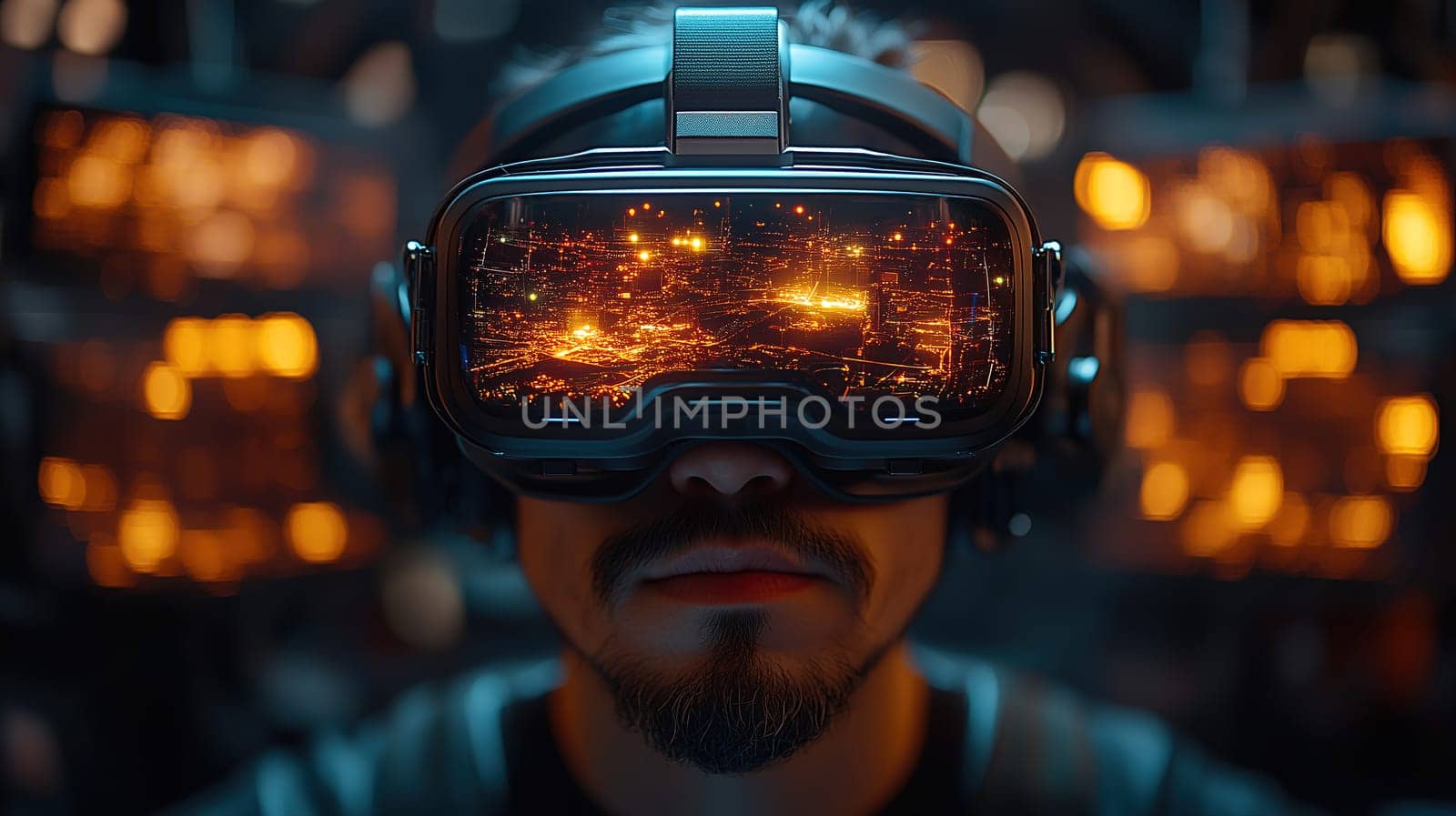 User engages in an intense virtual reality session, wearing a VR headset that displays a dazzling nighttime cityscape filled with lights, reflecting a futuristic atmosphere.