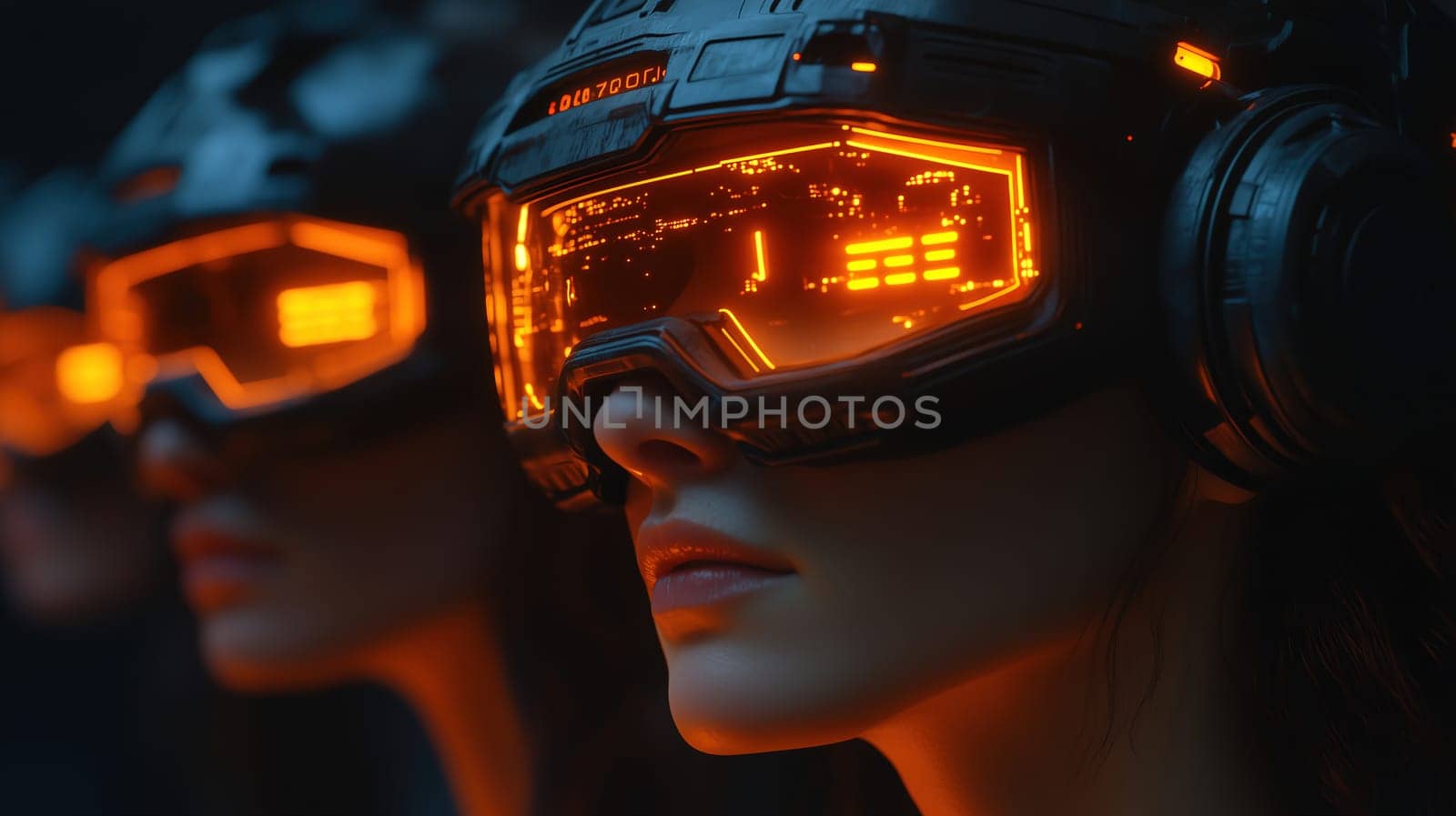 Participants engage with advanced virtual reality equipment, wearing high-tech headsets that glow with orange lights. This immersive environment showcases cutting-edge gaming technology.