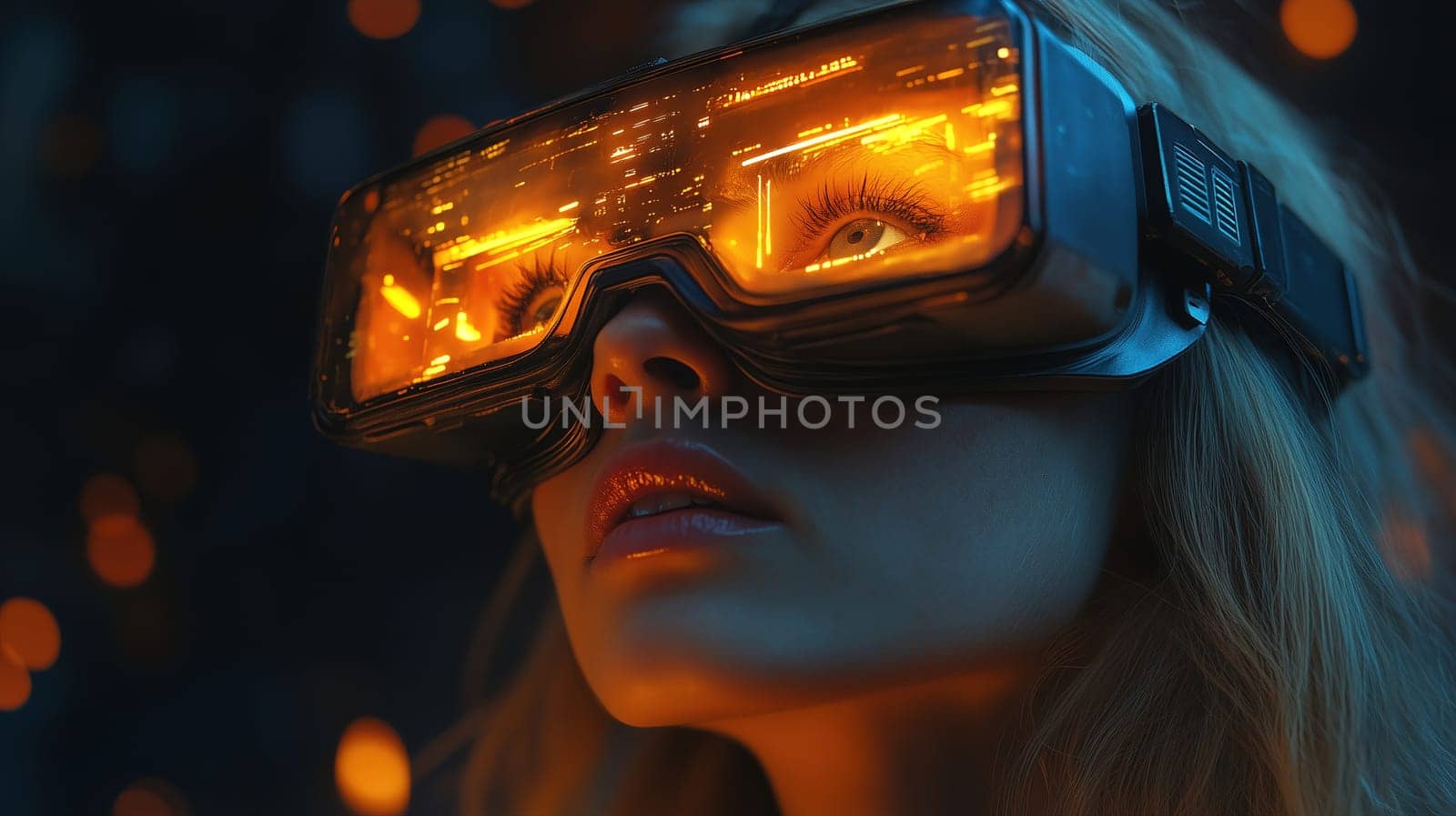 A person wearing advanced virtual reality goggles gazes upwards. The goggles illuminate their face with a warm glow, reflecting a dynamic digital landscape around them.