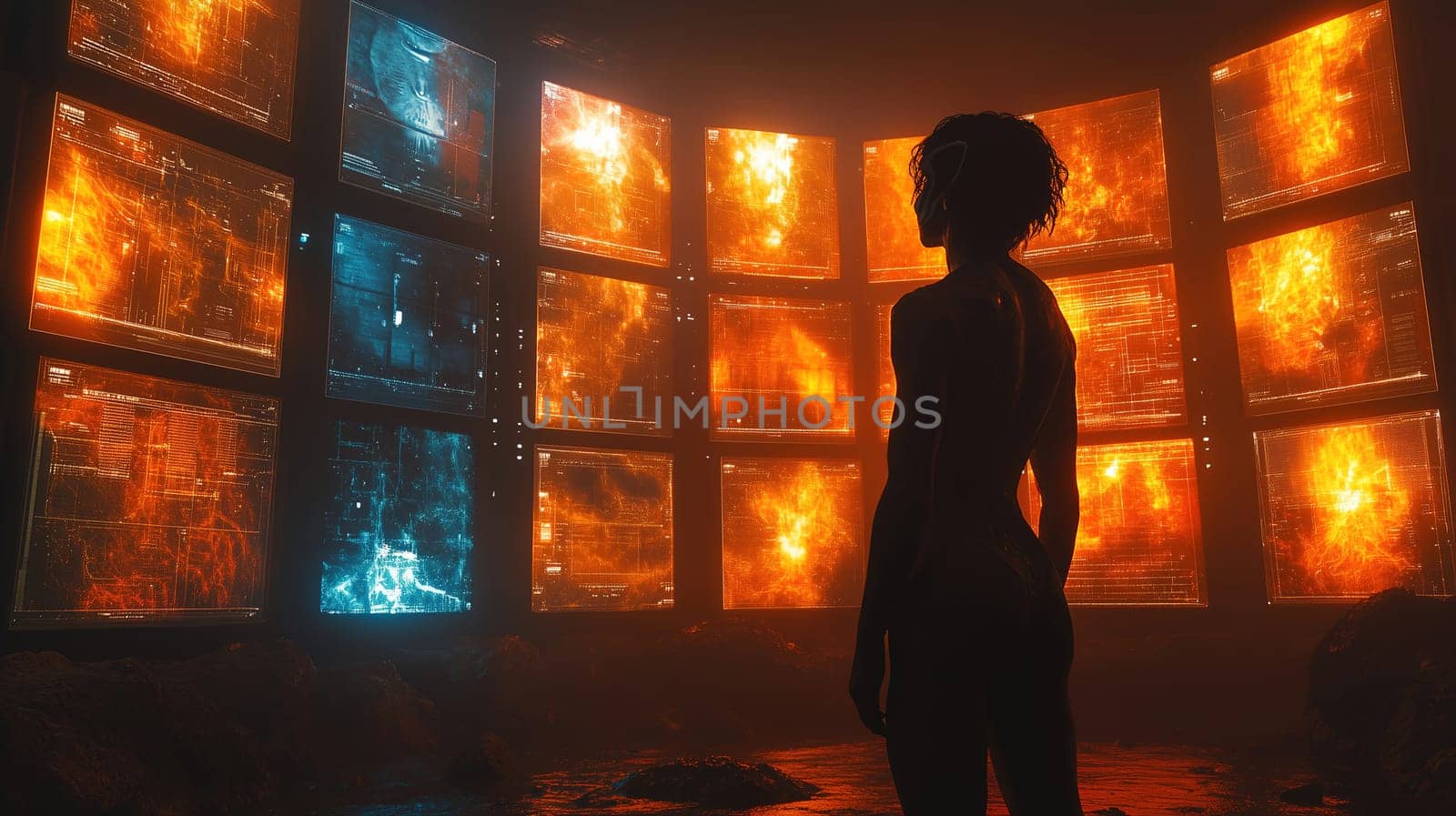 A figure stands in a dimly lit room surrounded by glowing screens. The monitors showcase vivid graphics in orange and blue hues, creating a dramatic atmosphere.