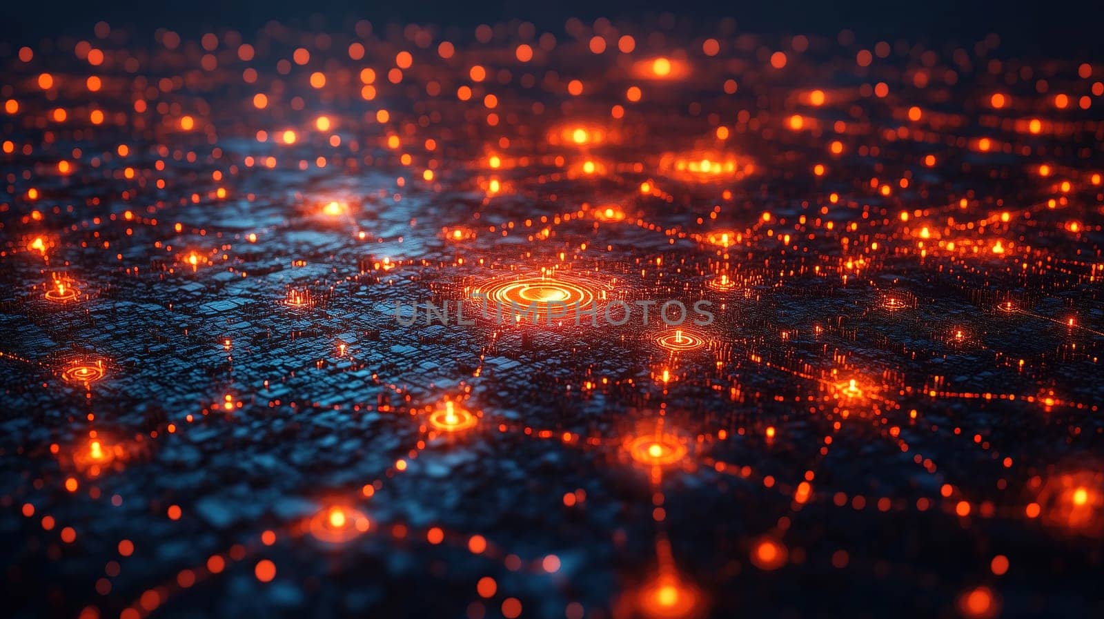 A detailed view of a city illuminated by numerous orange lights forming a dynamic network across a dark background, showcasing connectivity and technology.