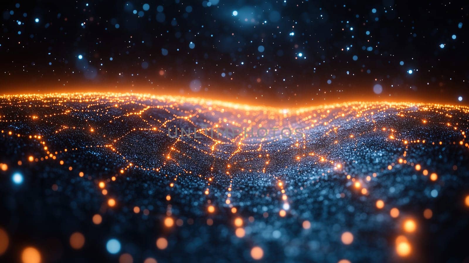 A vibrant digital landscape features glowing nodes connected by intricate lines, creating a mesmerizing network effect against a dark background that simulates a night sky.
