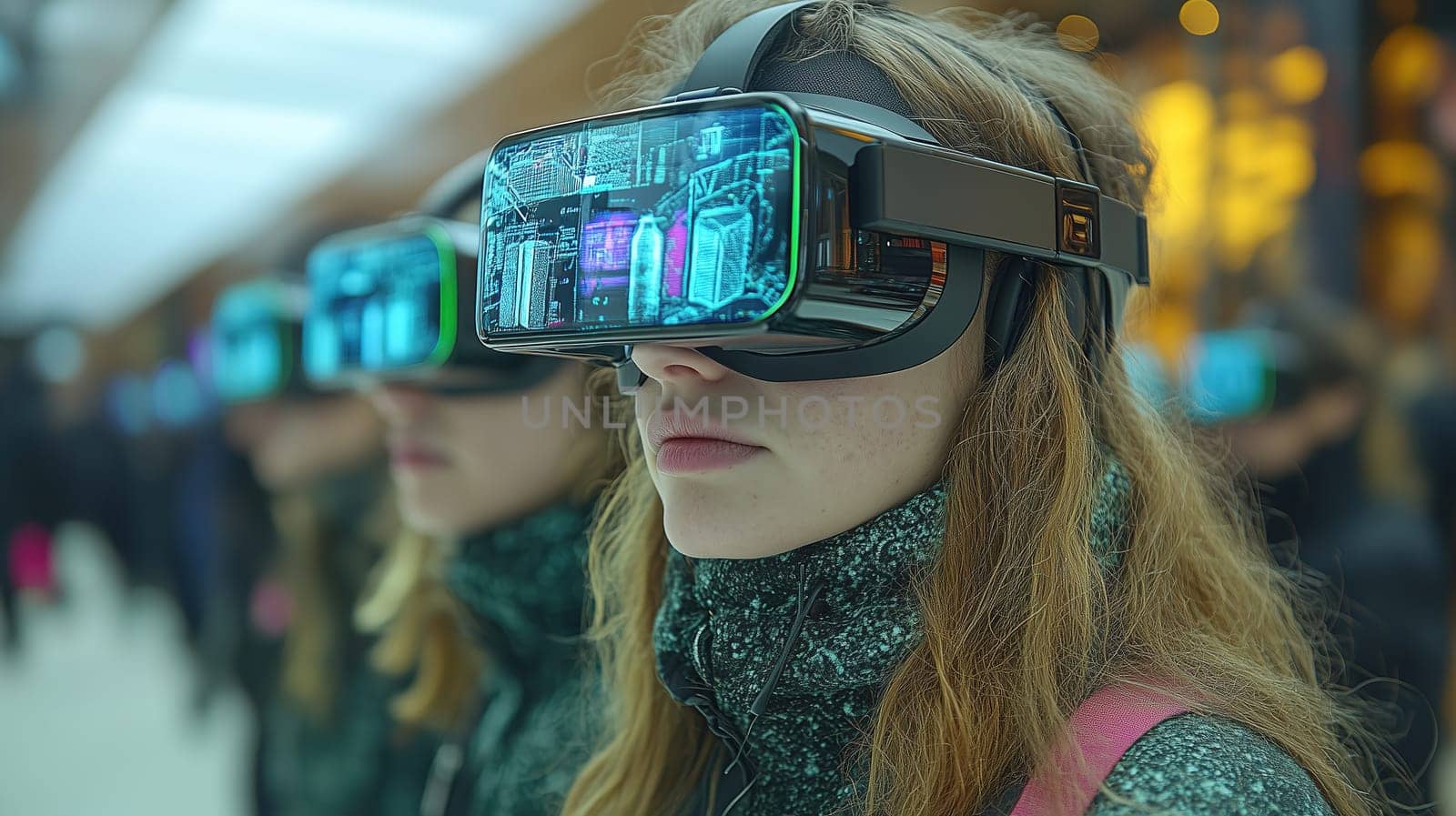 Attendees engage with advanced virtual reality headsets, exploring innovative digital environments at a bustling technology exhibition, surrounded by enthusiasts and creators.