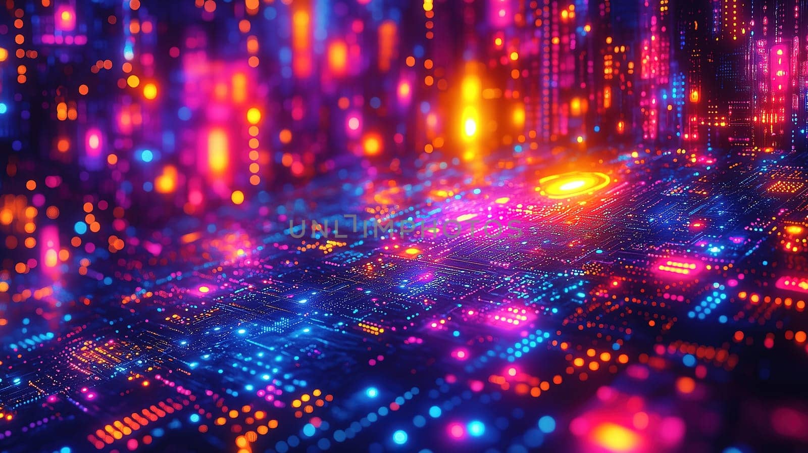 A stunning digital landscape showcases a futuristic city illuminated by a spectrum of vibrant neon lights.