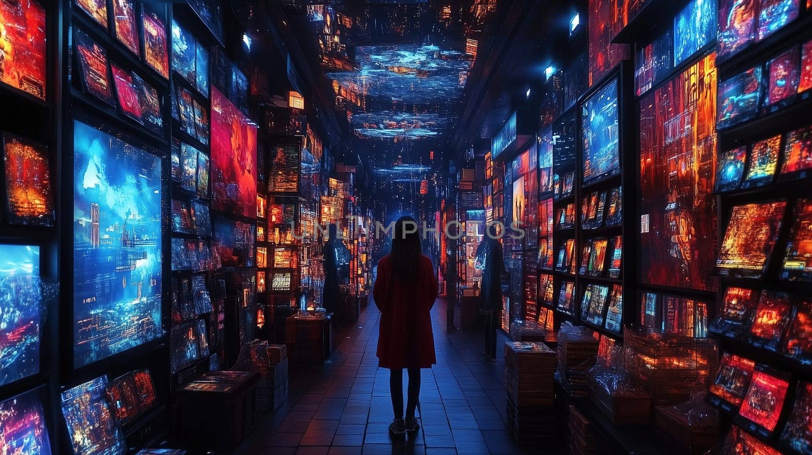 A person in a red coat walks through a lively art gallery filled with captivating, colorful artworks illuminated by vibrant lights. The atmosphere exudes creativity and wonder.