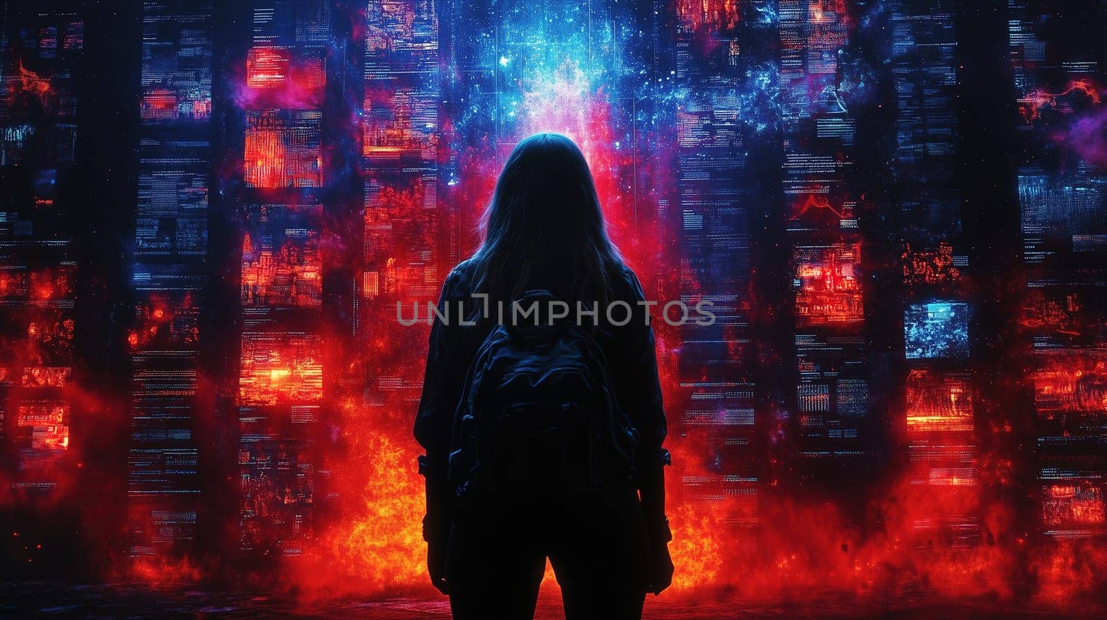 A lone figure stands silhouetted against a stunning, colorful digital landscape filled with bright blues, reds, and intricate patterns. The atmosphere is surreal and captivating.